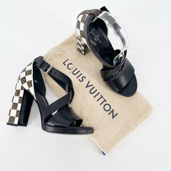 Louis Vuitton Shoes - Louis Vuitton Black Monogram Damier Tressage Matchmake Check Heel Sandals EU 37